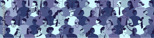 Banner with abstract silhouettes of diverse people. Crowd of citizens. Profiles of men and women group. Multiethnic society, multinational community, international unity. Flat vector illustration