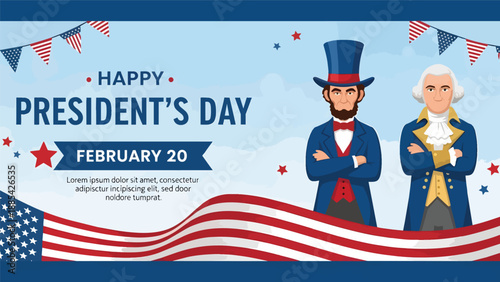 Happy Presidents' Day Banner with Abraham Lincoln and George Washington