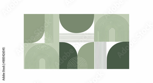 Modern abstract geometric pattern illustration in harmonious shades of sage green and white, featuring interlocking semicircles, arcs, and lines for a sophisticated minimalist background design