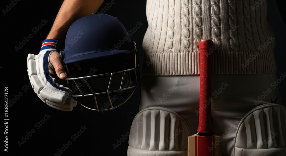 Obraz premium Professional Cricket Player Holding Gear on Dark Background