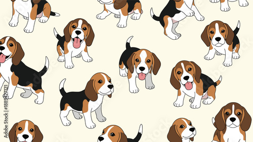 Adorable seamless pattern of friendly beagle puppies in various playful poses over a light cream-colored background.