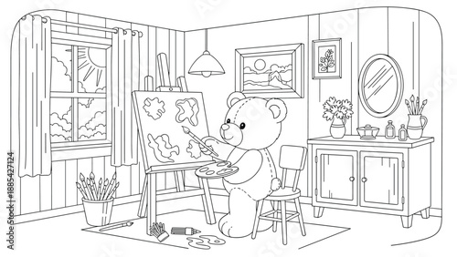 Detailed coloring page illustration of a cute teddy bear artist painting a masterpiece in a cozy art studio by the window.