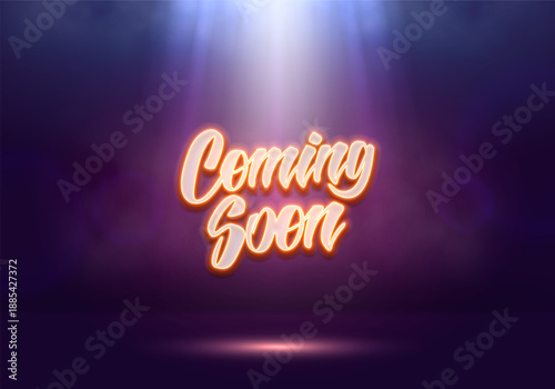 Coming Soon banner illuminated by spotlights. Ceremony presentation or grand opening. Vector illustration.