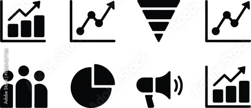 Eight monochromatic icons illustrating various data analytics and business reporting elements