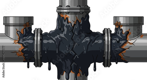 A large pipe leaks black goo with orange sparks near metallic joints