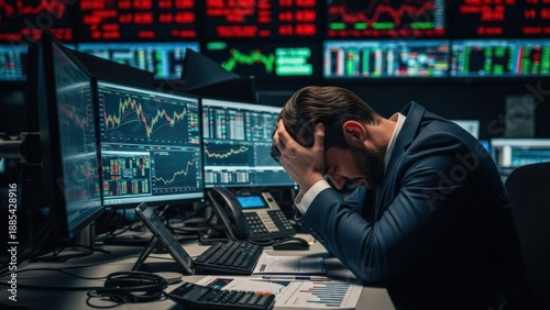 Stressed forex trader overwhelmed by sudden market collapse, head in hands amidst a cascade of red graphs and real-time data displays