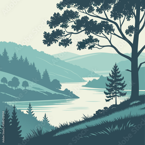 Tranquil Lake Between Hills, Smooth Vector Shading