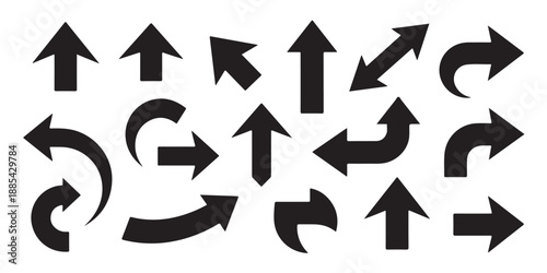Collection of black arrows pointing in various directions on white background