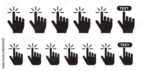 Row of hand cursor icons with clicking animation and text label options