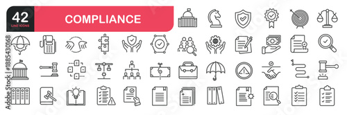 Set of line icons related to regulations, government, standards, requirements, transparency and more. Outline icons collection. Editable stroke. Vector illustration
