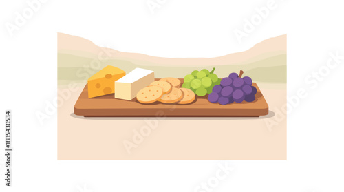 Flat vector illustration of simple cheese board with crackers and grapes on wooden tray style clean 2D shapes no outlines minimal details matte colors layered depth gentle atmospheric haze