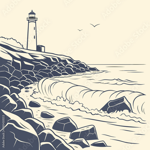 Flat Rocky Shoreline with Sea Waves Vector