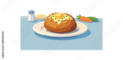 Flat vector illustration of baked potato with butter and herbs on plate style clean 2D shapes no outlines minimal details matte colors layered depth gentle atmospheric haze simplified