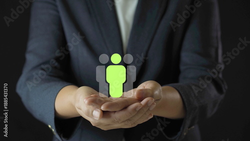 Human resources management concept with hands protecting people icon, representing teamwork, leadership, employee care, talent management, organizational support, community  business responsibility.