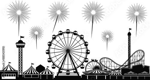 Amusement park skyline silhouette with ferris wheel roller coaster fireworks carnival rides city fair monochrome vector illustration design template artwork