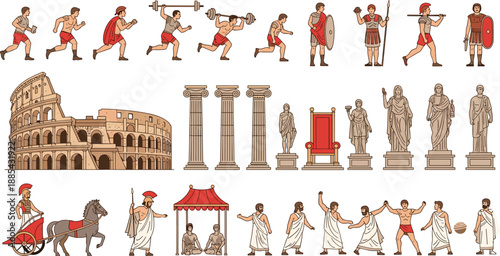 Ancient Roman and Greek History Collection Vector Illustration with Colosseum Soldiers Gladiators Statues Columns and Chariot for Educational Design Projects