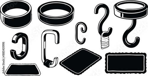 Black and white illustration of various hook and magnet shapes