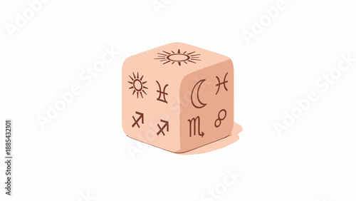 Astrology themed dice with zodiac signs and celestial symbols on a light background.