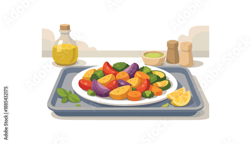 Flat vector illustration of plate of baked vegetables on tray with simple garnish style clean 2D shapes no outlines minimal details matte colors layered depth gentle atmospheric haze