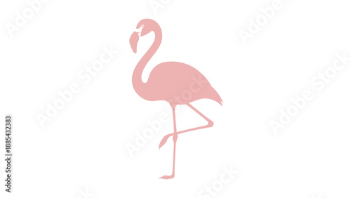 Minimalistic pink flamingo silhouette standing on one leg against white background.