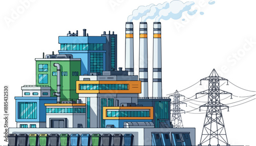 Industrial factory with smokestacks emitting smoke near power lines and transmission towers
