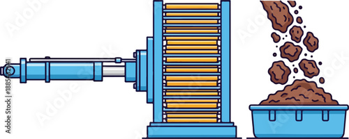 A machine pours soil into a container outdoors via an auto system.