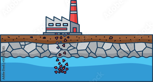 Industrial pollution pouring into a body of water from a factory via a rusty pipe on the ground