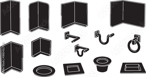 Bathroom Shower and Bathtub Fixture Icons in Black Color