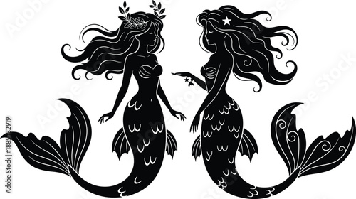 Black silhouette of two beautiful mermaids with long hair and fish tails isolated on white background for fantasy vector design
