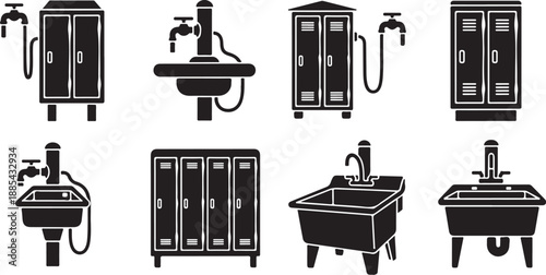 Black and white bathroom sink and cabinet illustrations set