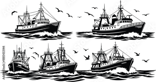 Black silhouette set of commercial fishing boats and trawlers on ocean waves with seagulls isolated on white background for vector