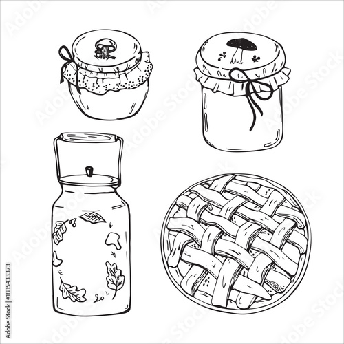 Homemade jam jar, pie and can in doodle style