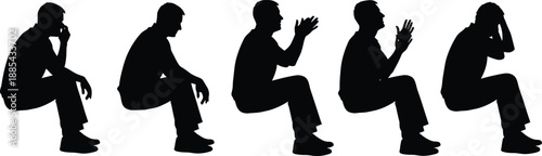 Sequence of five seated silhouette poses showing contemplative and expressive hand gestures, emotional progression, body language study, minimalist vector illustration for communication