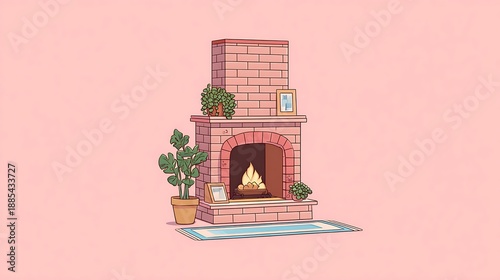 Minimal Cozy Fireplace Illustration with Indoor Plants on Soft Pink Background