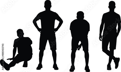 Four black silhouette figures showing varied casual human postures—sitting, standing, hunched, and relaxed poses for body language, animation, design, and character modeling