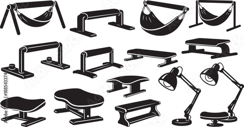 Furniture icons set including chair, table, lamp, and bench