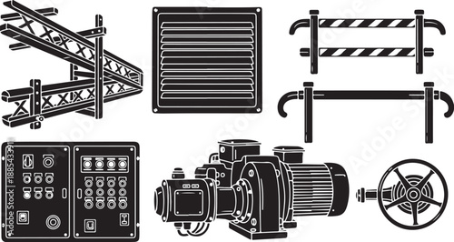 Industrial equipment and machinery in black and white illustration