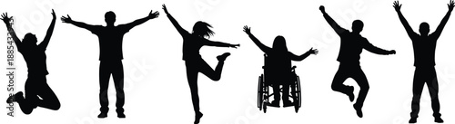 Inclusive celebration silhouettes showing diverse people jumping and raising arms, including wheelchair user, joyful unity, accessibility, empowerment, community togetherness