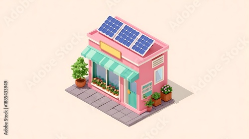 Eco-Friendly Pink Shop with Rooftop Solar Panels in Isometric Style
