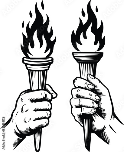 Twin Flaming Torches Held by Hands Black and White Illustration.