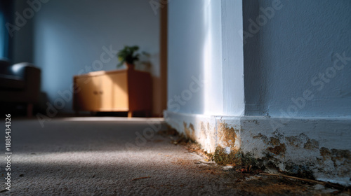 The image depicts a close-up view of mold growth on the baseboard of a wall, highlighting the urgency of home maintenance and the impact of moisture on living environments.