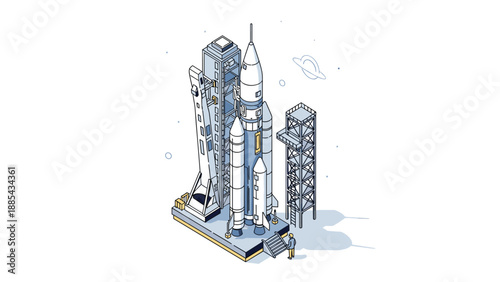 Isometric illustration of a space shuttle on its launch platform surrounded by support towers and gantry during final mission preparations.