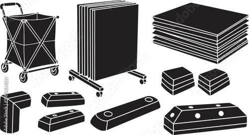 Black foam blocks and cart for soundproofing studio equipment