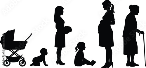 Black silhouette timeline showing a woman's life stages from infancy to elderly, including stroller, childhood, motherhood, pregnancy, aging and care