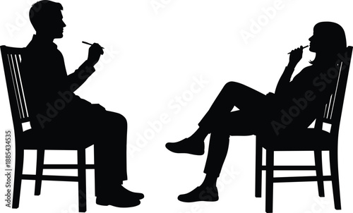 Minimal black silhouette of two people seated facing each other holding pens, representing interview, counseling, dialogue, therapy, and thoughtful professional conversation