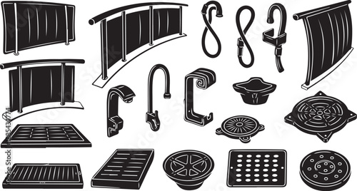 Black and white illustration of various bathroom fixtures collection