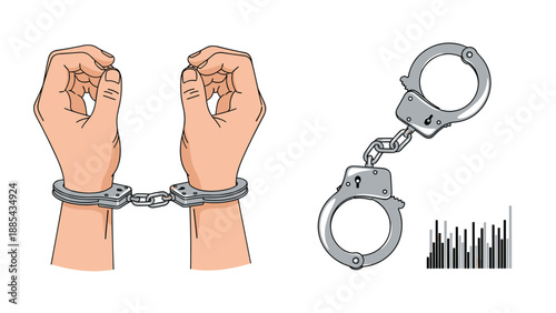 Pair of steel handcuffs are shown alongside a person whose hands are bound to illustrate law enforcement and arrest.