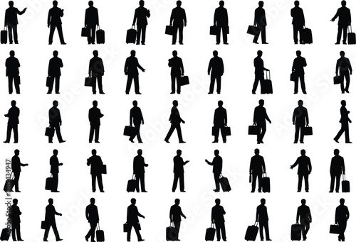 Grid of 45 black business traveler silhouettes carrying suitcases and briefcases in varied walking and standing poses for travel design