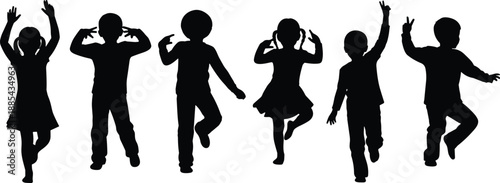Six playful children silhouettes in dynamic poses against white background capturing youthful energy, movement, dance, play, imagination, and joyful group activity