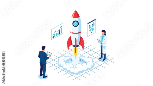 Powerful rocket ship launches into the sky as scientists monitor mission data on digital screens from the ground base.